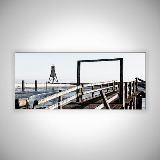 CuxPrint - Motiv: Kugelbake aus der Sicht des Hafens Panorama | 3mm Alu-Dibond-Platte Galerie Print