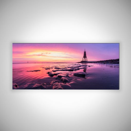 CuxPrint - Motiv: Kugelbake bei Ebbe im Sonnenaufgang Panorama | 3mm Alu-Dibond-Platte Galerie Print