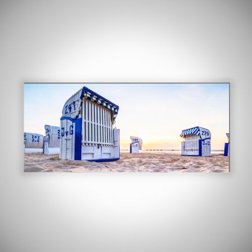 CuxPrint - Motiv: Strandkörbe Sonnenaufgang Panorama | 3mm Alu-Dibond-Platte Galerie Print