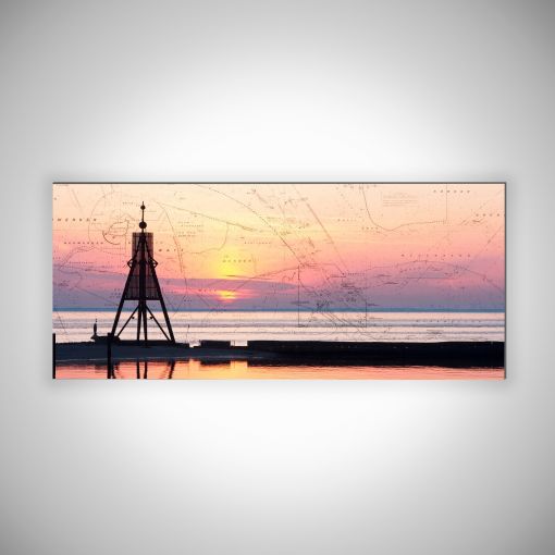 CuxPrint - Motiv: Kugelbake im Sonnenaufgang mit Seekarte Panorama | 3mm Alu-Dibond-Platte Galerie Print
