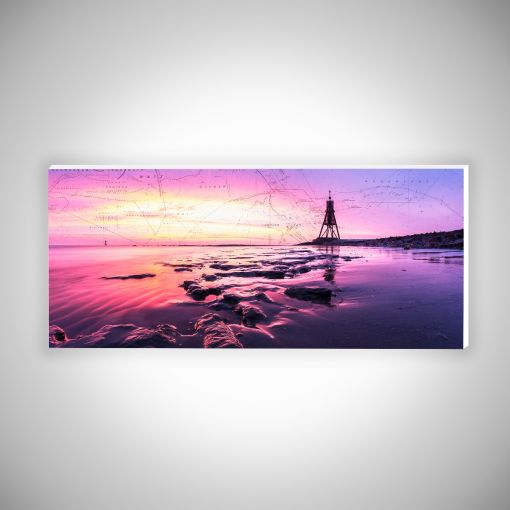 CuxPrint - Motiv: Kugelbake bei Ebbe im Sonnenaufgang mit Seekarte | Hartschaumplatte 10 mm Galerie Print