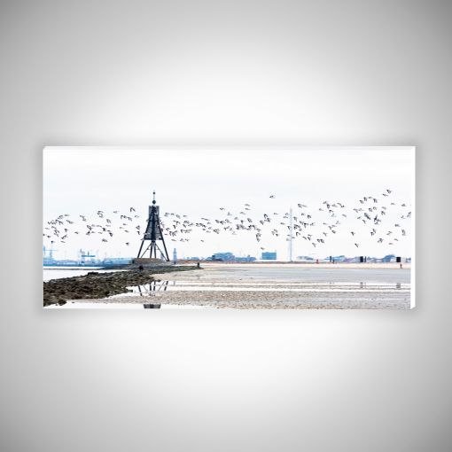 CuxPrint - Motiv: Kugelbake mit Vogelschwarm Panorama | Hartschaumplatte 10mm Galerie Print