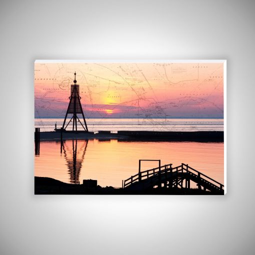 CuxPrint - Motiv: Kugelbake im Sonnenaufgang mit Seekarte | Hartschaumplatte 10mm Galerie Print