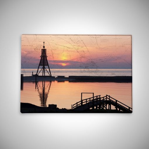 CuxPrint - Motiv: Kugelbake im Sonnenaufgang mit Seekarte | Leinwand Galerie Print