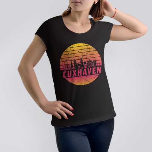 Cuxhaven Skyline orange im Kreis | Damen T-Shirt-schwarz-M