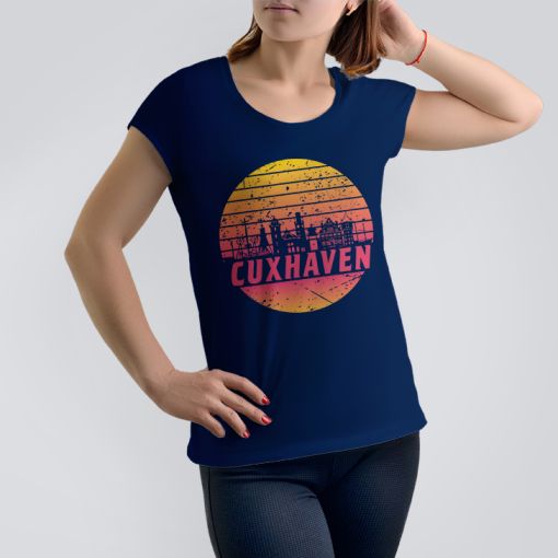 Cuxhaven Skyline orange im Kreis | Damen T-Shirt-navyblau-M