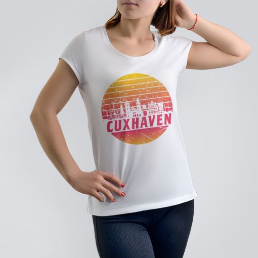 Cuxhaven Skyline orange im Kreis | Damen T-Shirt-weiß-M