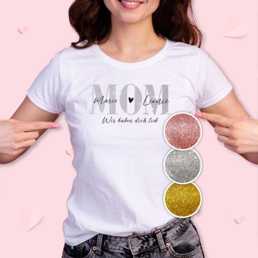 Motiv: MOM mit Wunschname|n & Spruch | Glitzer T-Shirt