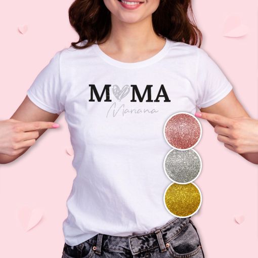 Mama mit Herz & Wunschname | Glitzer T-Shirt